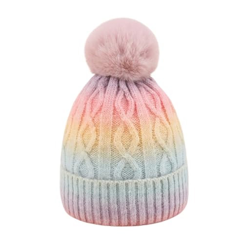 Unisex Colorful Ombre Beanie Winter Cuffed Cable Knitted Hat with Pompom - color: Pink