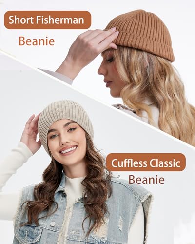Wool Knit Beanie Hats for Men Women,Cuffless Winter Skull Caps - color: 1-camel