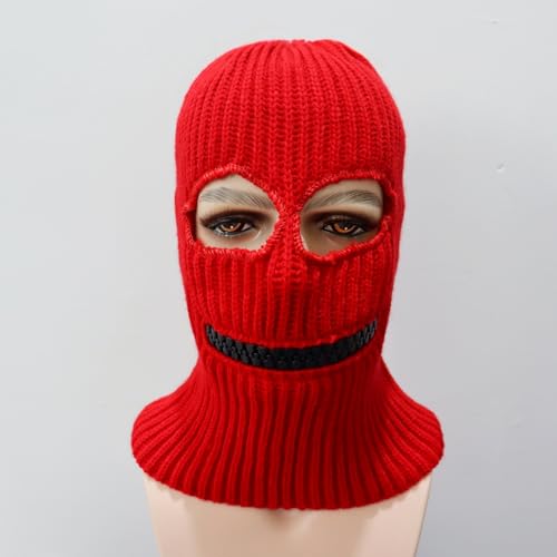 Ski Mask Knitted Full Face Cover Balaclava Knit Ski Thermal Knitted Head Wrap Winter Hat for Halloween Sports Cycling - color: Red Hat Gold Teeth