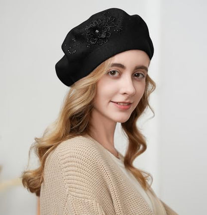 Flower Embroidery Beret Hat for Women, French Style Knitted Beret Hats, Stylish Solid Color Beret Cap for Women Girls Lady - color: Black