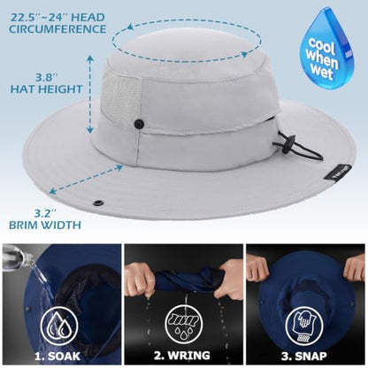 Cooling Sun Bucket Hat, UPF 50+ Wide Brim Boonie Hat with Ponytail Hole - color: 01 Light Grey