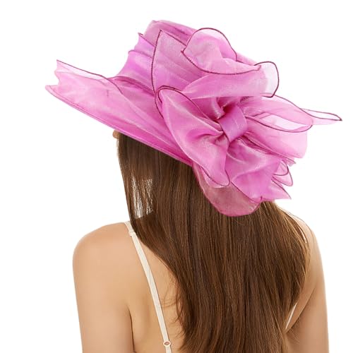 Haoohu Women's Church Derby Hat Wide Brim Bow Bucket Hat Wedding Dress Hat Fascinator Bridal Tea Party Hat - color: H-rose Red