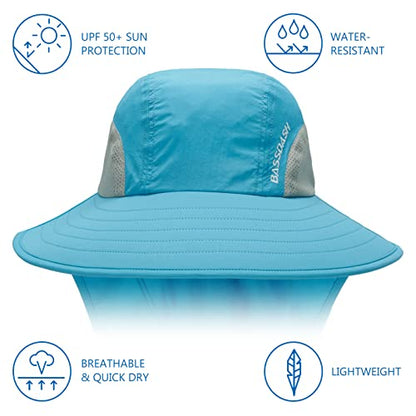 BASSDASH UPF 50+ Unisex Water Resistant Wide Brim Sun Hat with Large Neck Flap Ponytail Fishing Hat for Men Women - color: Light Blue