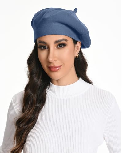 Women's Knitted Beret, French Style Double Layer Winter Autumn Warm and Soft Beanie Hat Cap - color: Z-denim Blue
