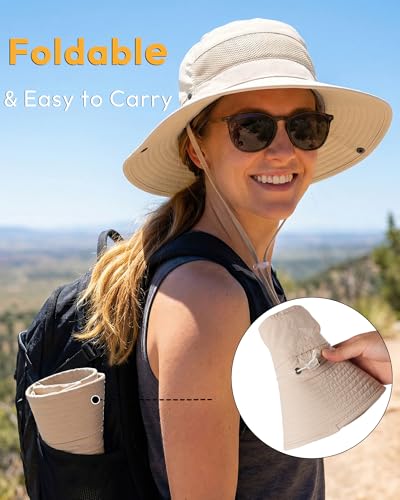 Women's Sun Hat Sun Protection Wide Brim Bucket with Ponytail Hole Summer - color: Light Beige