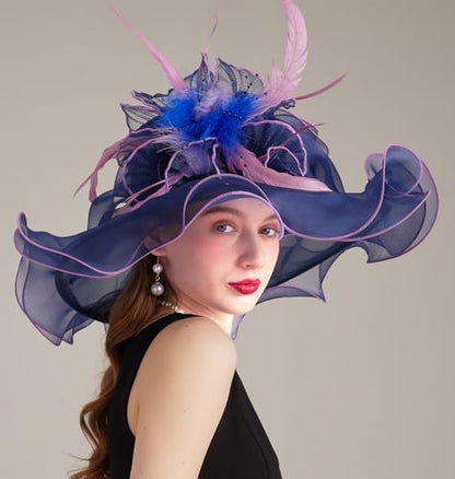 Women Derby Church Hat Organza Flower Wedding Tea Party Fascinator Wide Brim Sun Hat - color: 16-navy Blue