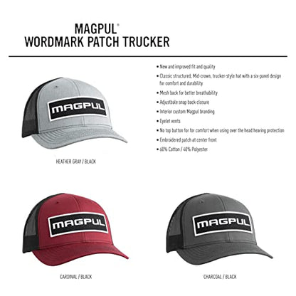 Magpul Trucker Hat Snap Back Baseball Cap, One Size Fits Most - color: Wordmark Patch Black/Red