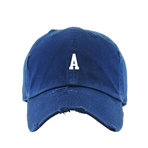 A Initial Letter Vintage Baseball Cap Embroidered Cotton Adjustable Distressed Dad Hat - color: Navy