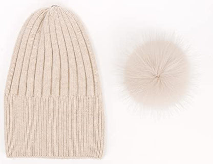 Women Real Fur Pom Pom Winter Ribbed Cuffed Knit Beanie Hat - color: Pink Beige