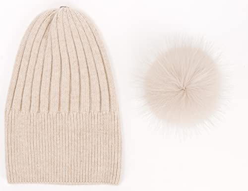 Women's Winter Ribbed Cuffed Beanie Skull Cap with Genuine Raccoon Fur Pom - color: Pink Beige