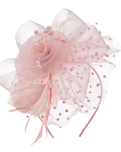 Century Star 2026 Kentucky Hat Derby Fascinator for Women Tea Party Flower Mesh Ribbons Feathers Headband Hair Clips - color: Light Pink