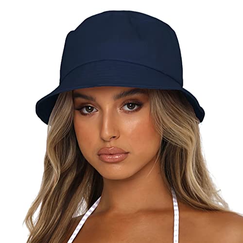 Bucket Hat for Women Men, Reversible Cotton Summer Sun Beach Cap Solid Color Style - color: A-navy