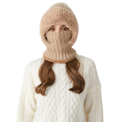 HUAMULAN Women Winter Knit Beanie Hats One Piece Fleece Lined Balaclavas - color: Khaki + Faux Fur