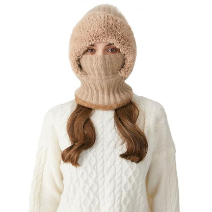 HUAMULAN Women Winter Knit Beanie Hats One Piece Fleece Lined Balaclavas - color: Khaki + Faux Fur