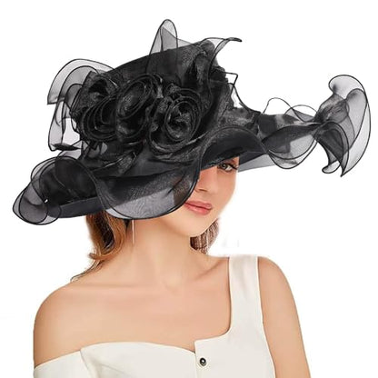 Women Oganza Sun Hat Church Wide Brim Wedding Formal Fascinator Hat - color: Black