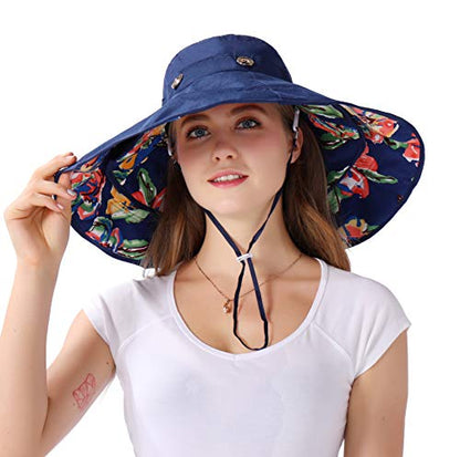 iHomey Packable Shapeable Extra Large Brim Floppy Sun Hat Reversible UPF 50+ Beach Sun Bucket Hat - color: Deep Blue-flower