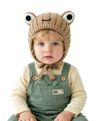 AMPOSSTO Baby Knitted Earflap Beanie Hat Cute Frog Winter Warm Ear Protection Skull Caps with Big Eyes for Boys Girls - color: Brown
