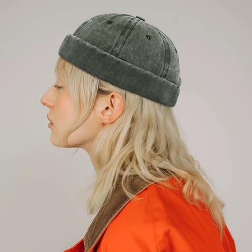 XYIYI Washed Cotton Brimless Hats for Men Vintage Docker Beanie Cap Rolled Cuff Skullcap - color: Dark Green