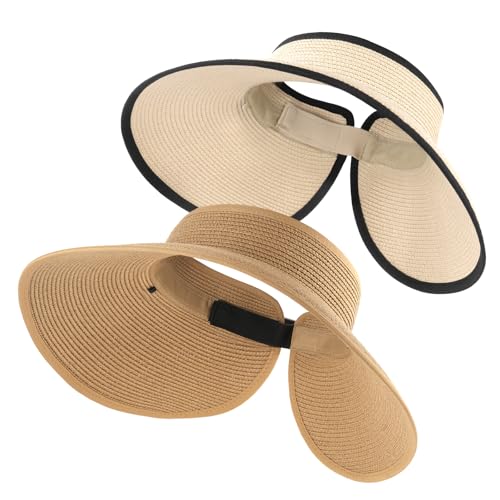 FURTALK Sun Hats for Women Wide Brim Ponytail Straw Visor Foldable Beach - color: Khaki+beige With Black