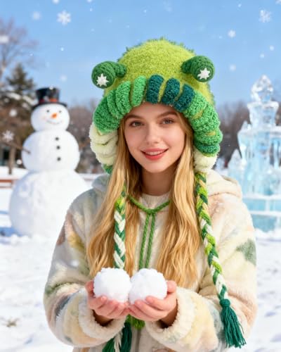 MINGSEECESS Women Girls Knitted Beanie Hat Crochet Braided Knit Warmer Cap Skiing Snowboarding Ear Flap Hats - color: Novelty-green