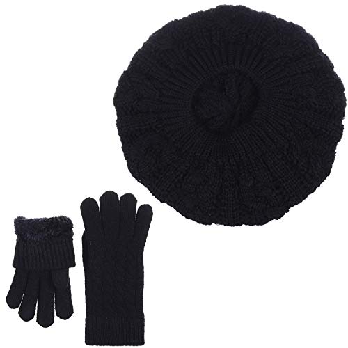 BYOS Womens Winter Cozy Cable Fleece Lined Knit Beret Beanie Hat (Set Available) - color: Black Cable Hat Gloves Set
