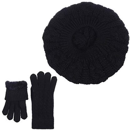 BYOS Womens Winter Cozy Cable Fleece Lined Knit Beret Beanie Hat (Set Available) - color: Black Cable Hat Gloves Set