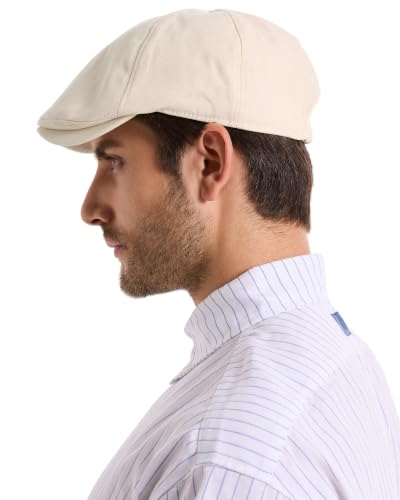 ZLYC Men Cotton Flat Cap Summer Scally Newsboy Beret Driver Hat - color: Plain Beige