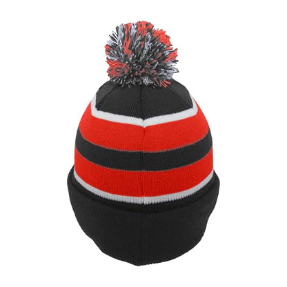 Pacific Headwear Unisex Adult Pacific Headwear Knit Fold Over Pom-pom Beanie - color: Black/Red/White, size: One Size