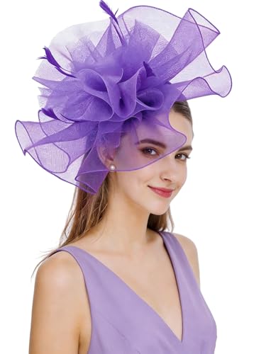 Z&X Sinamay Fascinator Hat Floral Feather Pillbox Derby Hats for Women Wedding Tea Party with Headband Clip - color: 006b Purple