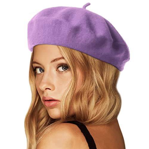 Wheebo Wool Beret Hat,Solid Color French Style Winter Warm Cap for Women Girls Lady - color: Beret Hat-lilac Color-fba