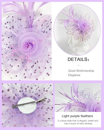 Fascinator Tea Party Hat Set for Women Elegant Vintage Accessories for High Tea Wedding Bridal Shower - color: Light Purple