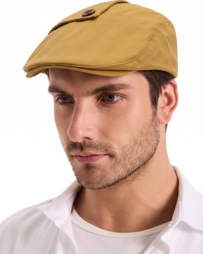 ZLYC Men Cotton Flat Cap Summer Scally Newsboy Beret Driver Hat - color: Button Decor Yellow