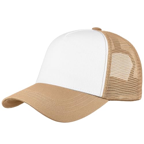 Falari 5-Panel Mesh Baseball Cap, Trucker Hat, Structured Plain Design, Cotton, Adjustable Size - color: 1pk Khaki