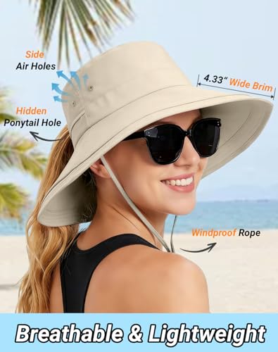Rosoz Women Sun Hat with Ponytail Hole Wide Brim Bucket Hats UPF 50+ Beach Hiking Gardening Hat Water-Resistant Outdoot Hat - color: Beige