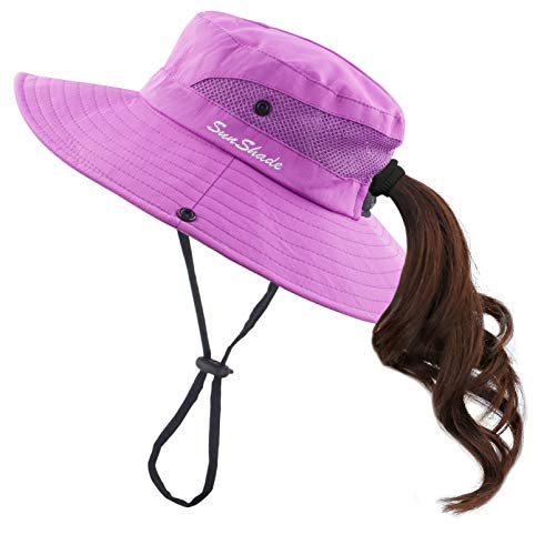 Muryobao Women's Ponytail Sun Hat UV Protection Foldable Mesh Wide Brim Beach Fishing Hat - color: Pure Purple