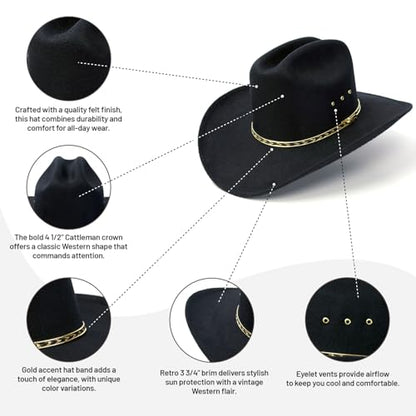 Western Express Felt Finish Cowboy Hat - Cattleman Style with Gold Hat Band | Cowboy & Cowgirl Hats for Men and Women - color: Black, size: 7 1/4