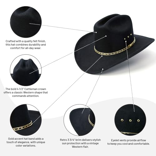 Western Express Felt Finish Cowboy Hat - Cattleman Style with Gold Hat Band | Cowboy & Cowgirl Hats for Men and Women - color: Black, size: 6 7/8
