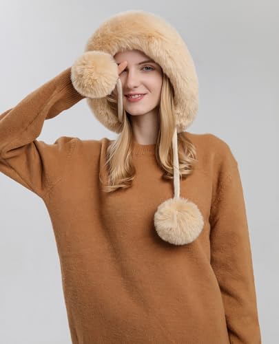 HUAMULAN Women Winter Sherpa Knit Beanie Hats Fleece Lined Ear Flaps - color: Beige Solid