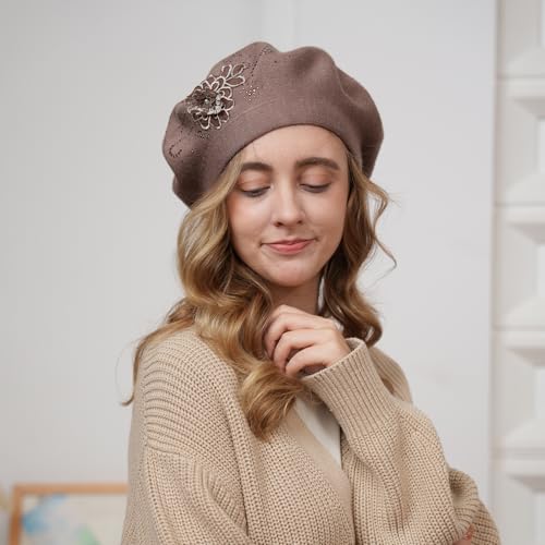 Flower Embroidery Beret Hat for Women, French Style Knitted Beret Hats, Stylish Solid Color Beret Cap for Women Girls Lady - color: Red