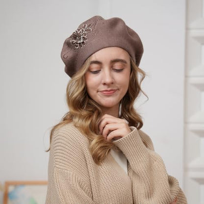 Flower Embroidery Beret Hat for Women, French Style Knitted Beret Hats, Stylish Solid Color Beret Cap for Women Girls Lady - color: Khaki