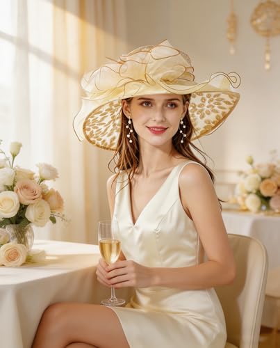 Women Derby Fascinator Hat Organza Church Wedding Hats Wide Brim Cocktail Tea Party Hat - color: 06 Gold