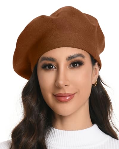 Women's Knitted Beret, French Style Double Layer Winter Autumn Warm and Soft Beanie Hat Cap - color: Z-orange Brown