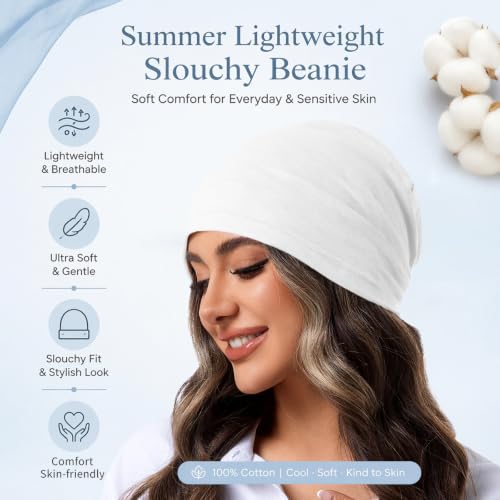 vidsel 100% Cotton Slouchy Beanie, Lightweight Summer Hats for Women Men - color: 1pc White, size: Medium