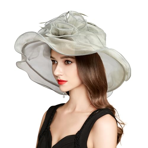 2026 Derby Hat, Classy Sun Hats for Women Ladies, Organza Feather Kentucky Fascinator for Tea Party Church UV Protection - color: V-3021-gray