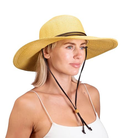 Sloggers Women's Wide Brim Braided Sun Hat with Wind Lanyard - UPF 50+ Maximum Sun Protection - color: Light Brown