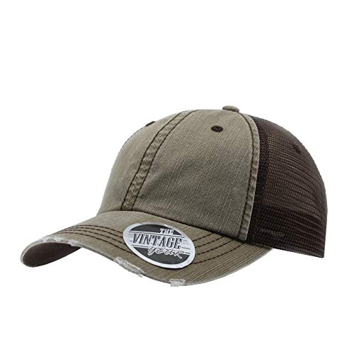 The Vintage Year Distressed Cotton Unstructured Soft Mesh Breathable Adjustable Dirty Wash Dad Hat Trucker Baseball Cap - color: Khaki / Brown