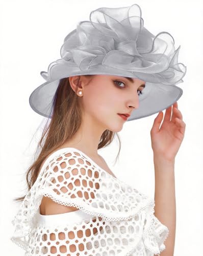 Z&X Organza Church Fascinator Wedding Tea Party Derby Hats for Women Flower Wide Brim Sun Hats - color: 037 Grey