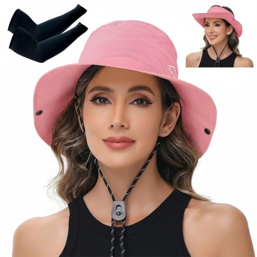 Sun Hats for Women Bucket Hat UV Protection Fishing Hat Wide Brim Safari Hats 2 in 1 Zip-Off Sun Visor Hats UPF 50+ - color: With One Pair Cooling Sleeves-1pack-pink