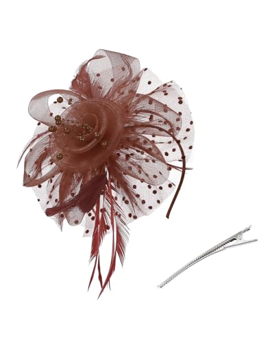 Century Star 2026 Kentucky Hat Derby Fascinator for Women Tea Party Flower Mesh Ribbons Feathers Headband Hair Clips - color: Red Coffee