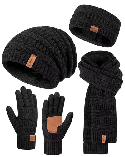 Womens Winter Beanie Hat Scarf Gloves Headband Set, Slouchy Beanie Ear Warmer Knit Scarf Touchscreen Gloves Warm 4 Gift Set - color: Black